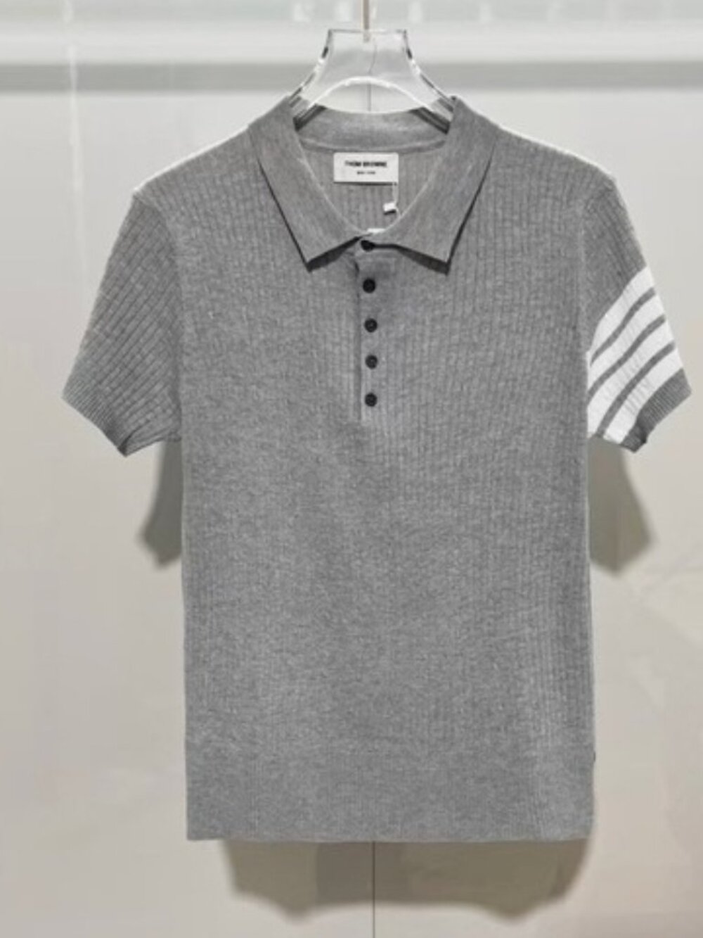 THOM BROWNE Four-Stripe Summer Knit Sweater for Men, Collared Short Sleeve